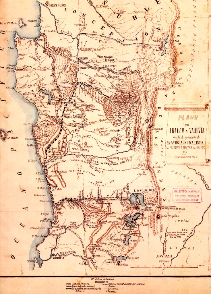 Plano de Arauco y Valdivia con la designación de la antigua y nueva línea de frontera contra los indios (1870). J.O, Manuel. Biblioteca Nacional. Biblioteca Americana "José Toribio Medina"